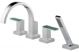 Delta T67481-PC Siderna Chrome 4-Hole Roman Tub Faucet with Handshower with Glass Handle Accents