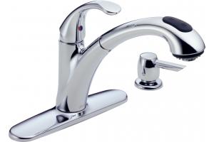 Delta 16929-SD-DST Menards Chrome Single Handle Pull-Out Kitchen Faucet With Soap Dispenser