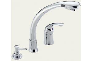 Delta Waterfall 474 Chrome Lever Handle Pull-Out Kitchen Faucet with Soap Dispenser