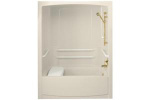 Kohler Freewill K-12104-P-47 Almond Barrier-Free Bath Tub and Shower Module with Polished Stainless Steel Grab Bars, Right Outlet