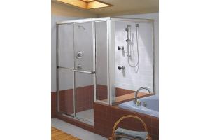 Kohler Focal K-761100-B-BH Bright Brass Custom Bypass Shower Door with Inline Panel and Return Panel and Obscure Glass