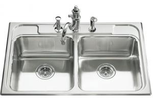 Kohler Ballad K-3246-4 Double Equal Self-Rimming Kitchen Sink with Four-Hole Faucet Punching