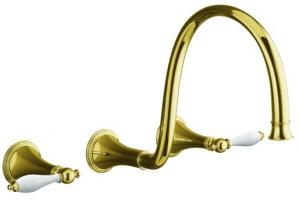 Kohler Finial Traditional K-T344-4P-PB Vibrant Polished Brass Wall-Mount Vessel Faucet Trim with White Lever Handles
