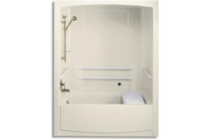 Kohler Freewill K-12105-C-47 Almond Whirlpool Bath Tub and Shower Module with Brushed Stainless Steel Grab Bars and Left-Hand Drain
