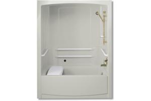 Kohler Freewill K-12106-C-95 Ice Grey Whirlpool Bath Tub and Shower Module with Brushed Stainless Steel Grab Bars and Right-Hand Drain