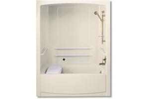Kohler Freewill K-12106-P-47 Almond Whirlpool Bath Tub and Shower Module with Polished Stainless Steel Grab Bars and Right-Hand Drain