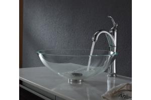 Kraus C-GV-100-12mm-1005CH Chrome Crystal Clear Glass Vessel Sink And Riviera Faucet