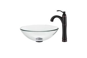 Kraus C-GV-100-12mm-1005ORB Crystal Clear Glass Vessel Sink And Riviera Faucet Oil Rubbed Bronze