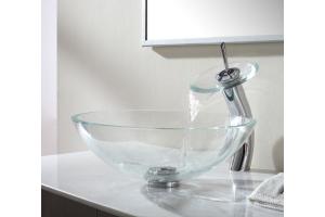 Kraus C-GV-100-12mm-10CH Chrome Crystal Clear Glass Vessel Sink And Waterfall Faucet
