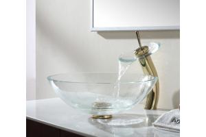 Kraus C-GV-100-12mm-10G Crystal Clear Glass Vessel Sink And Waterfall Faucet Gold