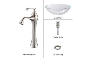 Kraus C-GV-100-12mm-15000BN Crystal Clear Glass Vessel Sink And Ventus Faucet Brushed Nickel