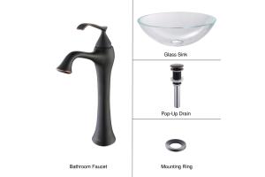 Kraus C-GV-100-12mm-15000ORB Crystal Clear Glass Vessel Sink And Ventus Faucet Oil Rubbed Bronze