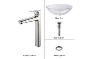 Kraus C-GV-100-12mm-15500BN Crystal Clear Glass Vessel Sink And Virtus Faucet Brushed Nickel