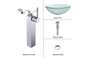 Kraus C-GV-101-12mm-14300CH Chrome Clear Glass Vessel Sink And Unicus Faucet