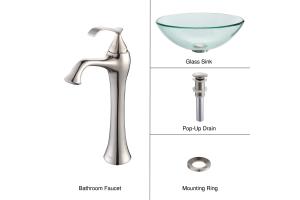 Kraus C-GV-101-12mm-15000BN Clear Glass Vessel Sink And Ventus Faucet Brushed Nickel