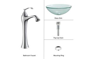 Kraus C-GV-101-12mm-15000CH Chrome Clear Glass Vessel Sink And Ventus Faucet