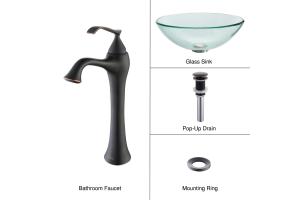 Kraus C-GV-101-12mm-15000ORB Clear Glass Vessel Sink And Ventus Faucet Oil Rubbed Bronze