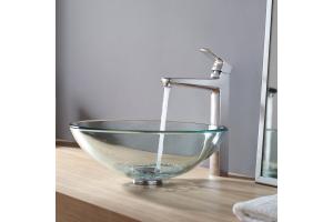 Kraus C-GV-101-12mm-15500CH Chrome Clear Glass Vessel Sink And Virtus Faucet