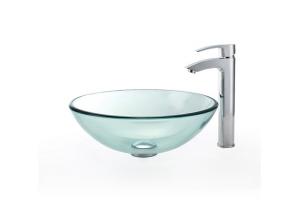 Kraus C-GV-101-12mm-1810CH Chrome Clear Glass Vessel Sink And Visio Faucet