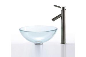 Kraus C-GV-101-14-12mm-1002SN Clear 14\" Glass Vessel Sink And Sheven Faucet Satin Nickel