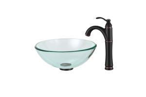 Kraus C-GV-101-14-12mm-1005ORB Clear 14\" Glass Vessel Sink And Riviera Faucet Oil Rubbed Bronze