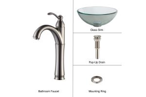 Kraus C-GV-101-14-12mm-1005SN Clear 14\" Glass Vessel Sink And Riviera Faucet Satin Nickel