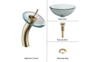 Kraus C-GV-101-14-12mm-10G Clear 14\" Glass Vessel Sink And Waterfall Faucet Gold