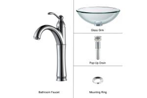 Kraus C-GV-101-19mm-1005CH Chrome Clear 19Mm Thick Glass Vessel Sink And Riviera Faucet