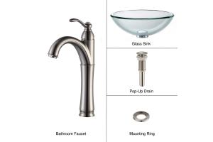 Kraus C-GV-101-19mm-1005SN Clear 19Mm Thick Glass Vessel Sink And Riviera Faucet Satin Nickel