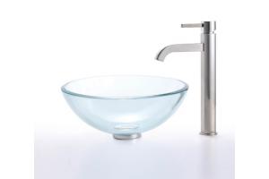 Kraus C-GV-101-19mm-1007SN Clear 19Mm Thick Glass Vessel Sink And Ramus Faucet Satin Nickel