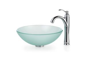Kraus C-GV-101FR-12mm-1005CH Chrome Frosted Glass Vessel Sink And Riviera Faucet