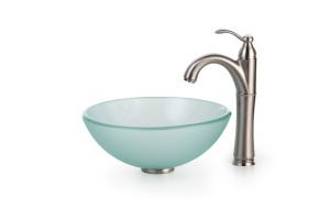 Kraus C-GV-101FR-14-12mm-1005SN Frosted 14\" Glass Vessel Sink And Riviera Faucet Satin Nickel
