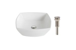 Kraus KCV-126-BN Elavo White Ceramic Flared Square Vessel Bathroom Sink W/ Pu Drain Brushed Nickel