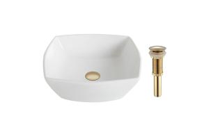 Kraus KCV-126-G Elavo White Ceramic Flared Square Vessel Bathroom Sink W/ Pu Drain Gold