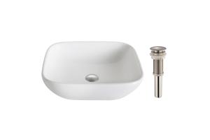 Kraus KCV-127-BN Elavo White Ceramic Soft Square Vessel Bathroom Sink W/ Pu Drain Brushed Nickel