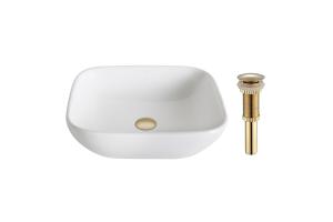 Kraus KCV-127-G Elavo White Ceramic Soft Square Vessel Bathroom Sink W/ Pu Drain Gold