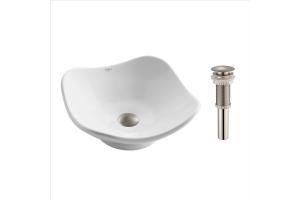 Kraus KCV-135-SN White Tulip Ceramic Bathroom Sink With Pop Up Drain Satin Nickel