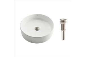 Kraus KCV-140-SN White Round Ceramic Bathroom Sink With Pop Up Drain Satin Nickel