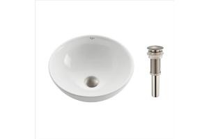 Kraus KCV-141-SN White Round Ceramic Bathroom Sink With Pop Up Drain Satin Nickel