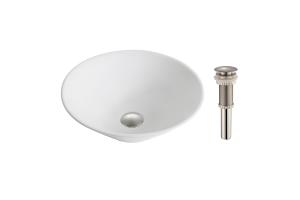 Kraus KCV-143-BN Elavo White Ceramic Round Vessel Bathroom Sink W/ Pu Drain Brushed Nickel