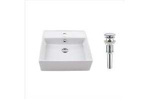 Kraus KCV-150-CH Chrome White Square Ceramic Bathroom Sink And Pop Up Drain With Overflow