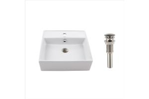 Kraus KCV-150-SN White Square Ceramic Bathroom Sink And Pop Up Drain With Overflow Satin Nickel