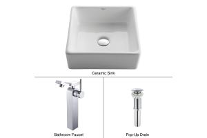 Kraus C-KCV-120-14300CH Chrome White Square Ceramic Sink And Unicus Faucet